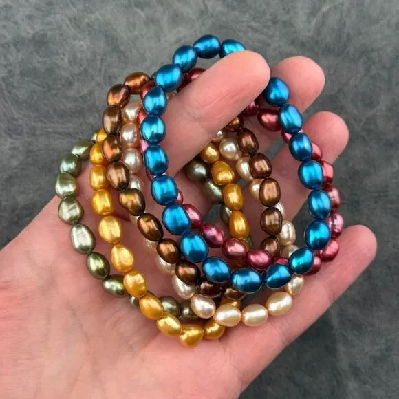 Set of Six 6 Cultured Large 0.25" Freshwater Pearls Stretch Bracelets Multicolor - Picture 3 of 11